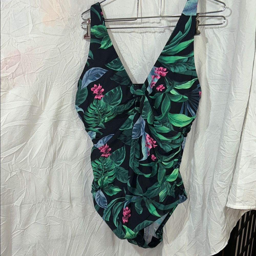 KOna sol Tropical Leaf One-Piece Swimsuit with Pink Floral Accents size 16 NWT